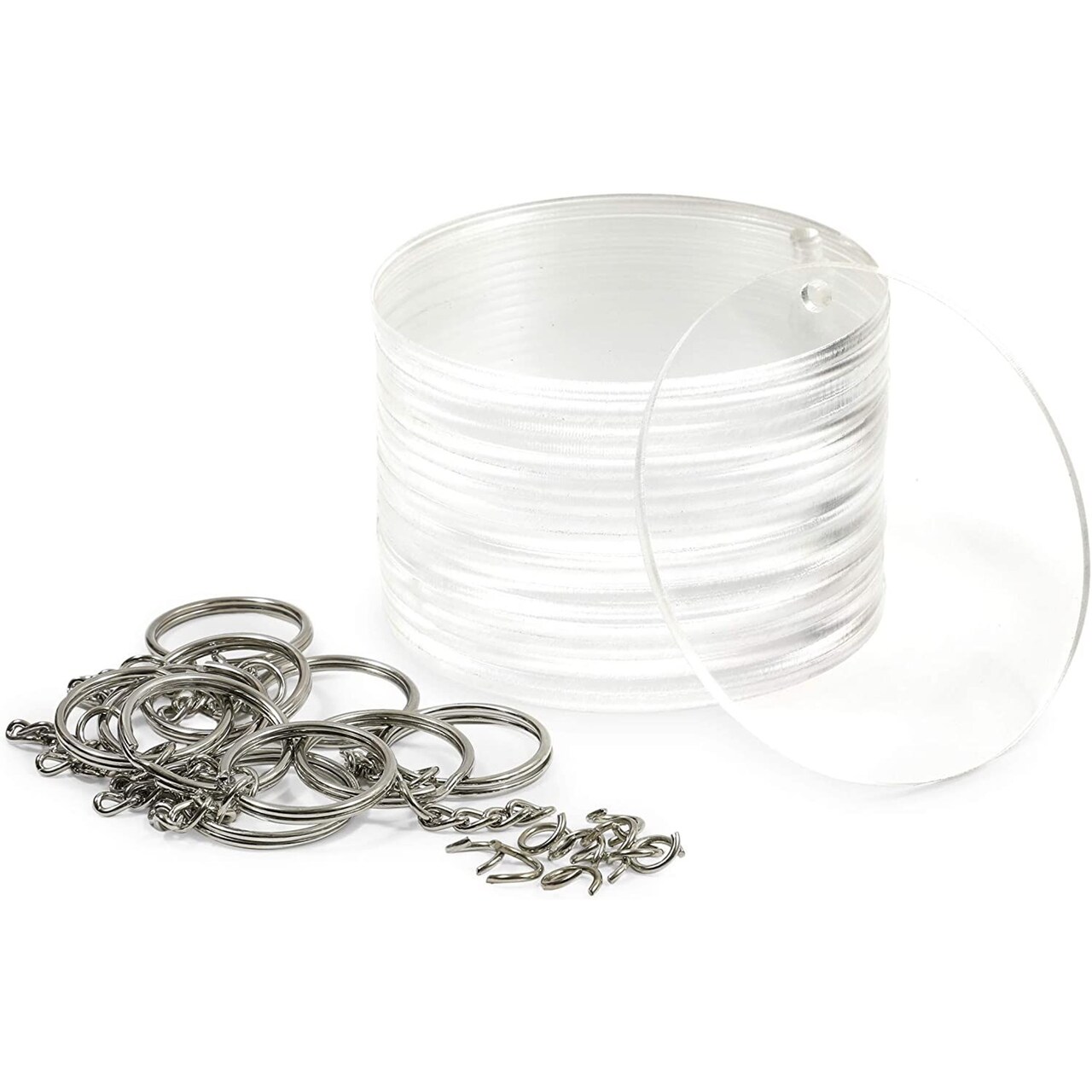 20-Pack 3-Inch Clear Round Acrylic Keychain Blanks, 1/8-Inch Thick Plastic Circles with 10 Metal Chains, Rings, and Clasps for Custom Keychains, Christmas Tree Ornaments, Crafting and Art Supplies